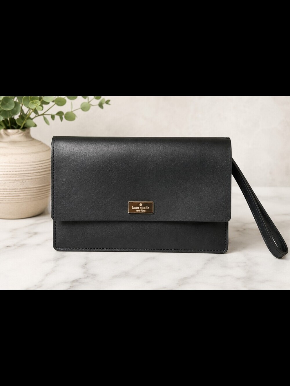 Kate Spade Slim Black & Pink Leather Wristlet With Gold